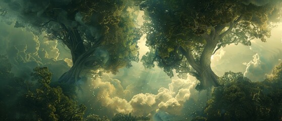 Majestic tree lungs set against the mystical depths of an enchanted forest with branches that meet in the middle beneath a cloudy sky symbolizing life s breath.