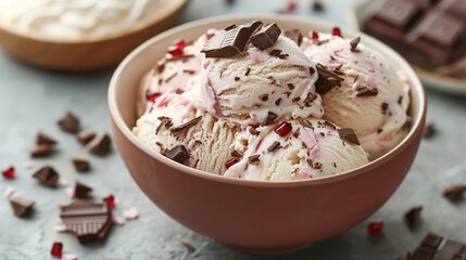 Delicious chocolate and vanilla ice cream in a bowl on the table in close up.