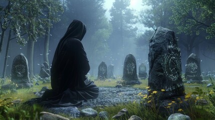 A dark mysterious forest clearing where a hooded figure is kneeling before a set of intricately carved runic stones. Each stone bears . .