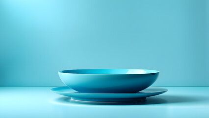 A blue bowl sits on a white plate on a blue table