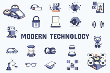 Modern Technology Lineal Color Vector Illustration Icon Sticker Set Design Materials