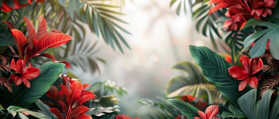 Tropical banner design featuring 3Drendered red and green leaves framing a central empty space for engaging and lively product showcases.