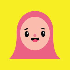 Flat icon in trendy flat style happy muslim girl face. Avatar muslim woman design over yellow background. Cute little girl illustration design. Educational design elements.