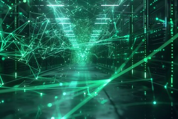 Network nodes under a glowing cyber shield, 4K, hightech room, green digital pulses, side angle