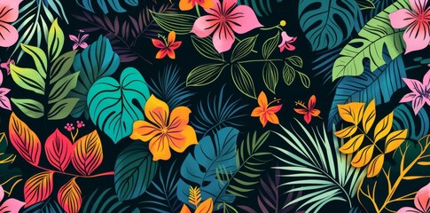 Abstract seamless pattern with colorful tropical flowers and leaves