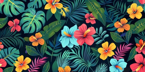Abstract seamless pattern with colorful tropical flowers and leaves