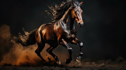 A beautiful horse is running in the dark. AI.