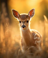 A close-up of a young deer in a field of tall grass. AI.