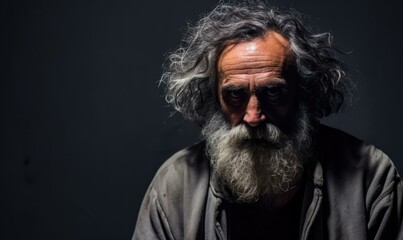 Portrait of an old man with a long white beard and wild hair, looking at the camera with a serious expression. AI.