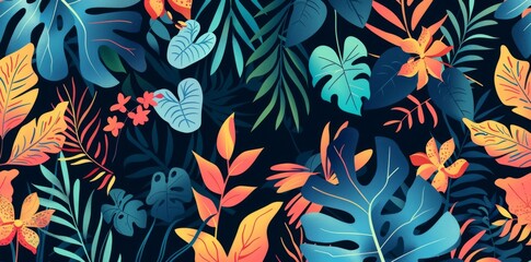 Abstract seamless pattern with colorful tropical flowers and leaves