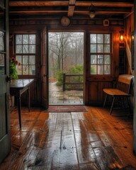 Wooden cabin with a view of the woods. AI.