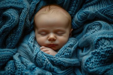 Newborn baby sleeping peacefully in a blue knitted blanket. AI.