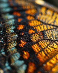 Close-up of a butterfly wing, displaying intricate patterns and vibrant colors. AI.