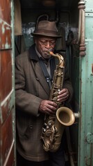 A musician plays the saxophone in a doorway. AI.