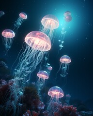 Glowing jellyfish illuminate the deep blue sea creating a mesmerizing and enchanting scene.