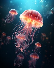 Obraz premium Glowing jellyfish illuminate the deep blue sea.
