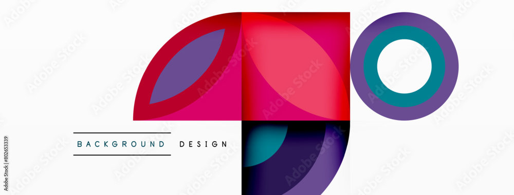 Poster a vibrant logo featuring circles and squares in shades of purple, pink, and magenta, set against a w