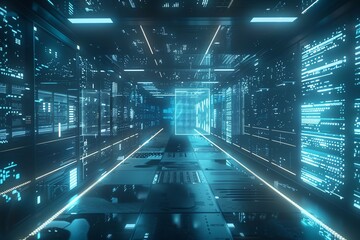 Scifi themed digital protection field, 4K, cool blue and white effects, diagonal view, data center setting