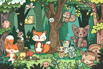 Fototapeta premium Cartoon cute doodles of a magical forest inhabited by mythical creatures from Japanese folklore, such as kitsune (fox spirits), tanuki, Generative AI 
