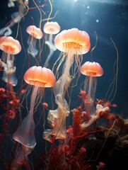 The graceful dance of jellyfish in the deep blue sea, a mesmerizing spectacle of nature's beauty.