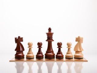 The image shows a chessboard with brown and white chess pieces. The white pieces are a king, a queen, and a bishop. The brown pieces are a king, a queen, and a knight.
