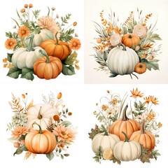 Set of pumpkins with autumn flowers and leaves. Vector illustration.