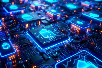 Cybersecurity shield over a network of computers, 4K, neon blue energy, scifi style, overhead view