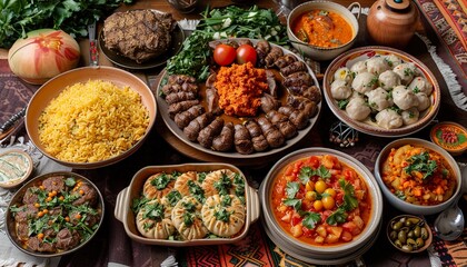 Festive table with traditional dishes for celebrating Eid al-Adha. 