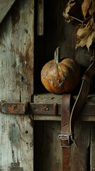 A pumpkin sits on a wooden shelf next to a leather strap. AI. - obrazy, fototapety, plakaty