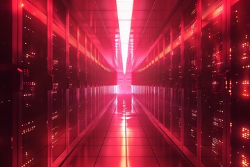 Digital defense barrier around server racks, 4K, pulsating red hues, intense scifi tone, front angle