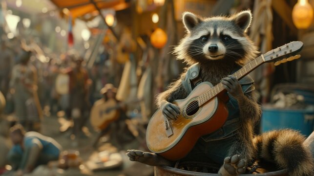 A raccoon wearing a vest and playing the guitar. AI.