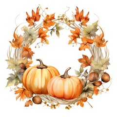 Watercolor autumn wreath with pumpkins, leaves and acorns