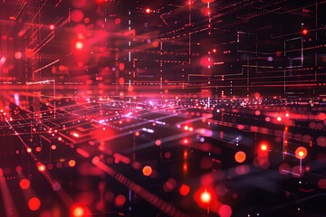 Futuristic network shielded by dynamic cyber defenses, 4K, shimmering red highlights, wide shot, scifi environment