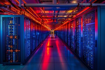Rows of tall server racks with bright lights in a modern data center. AI.
