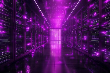 Holographic cyber barrier surrounding server racks, 4K, deep purple, intense scifi atmosphere, front view