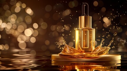 Naklejka premium Elegant golden cosmetic bottle with serum on the gold podium
