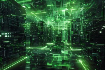 Network computers secured by a cyber shield, 4K, glowing green grid, scifi atmosphere, medium shot