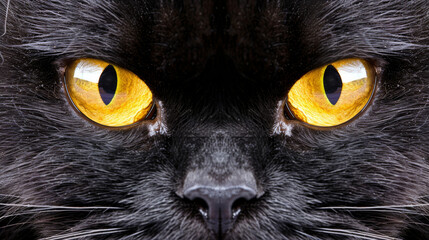 close up photo of black cat with intense yellow eyes