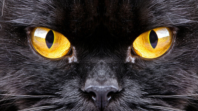close up photo of black cat with intense yellow eyes - Powered by Adobe