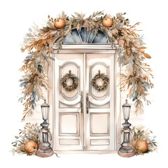 Watercolor vintage door with wreath. Hand painted illustration on white background