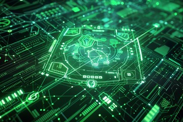 Network under a vibrant green cyber shield, 4K, holographic interface, scifi theme, angled shot