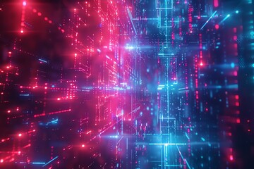 Network under dynamic cybersecurity protection, 4K, shimmering red and blue lights, wide angle, scifi theme
