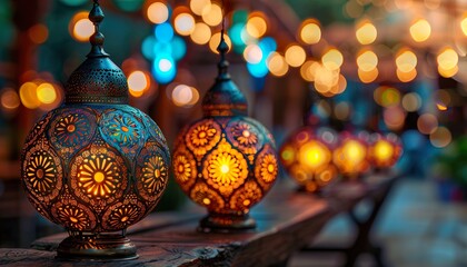 Group of Lit Lanterns on Table, Eid Al-Adha celebration