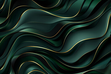 Obraz premium Abstract background with green waves and golden lines, dark emerald and black colors