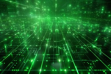 Obraz na płótnie Canvas Scifi cybersecurity field around network nodes, 4K, radiant green grid lines, topdown view