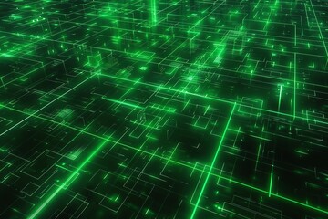 Scifi cybersecurity field around network nodes, 4K, radiant green grid lines, topdown view