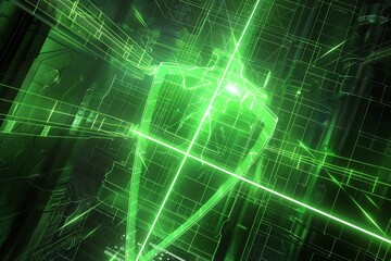 Scifi network defense with a luminous shield, 4K, neon green grid lines, overhead perspective