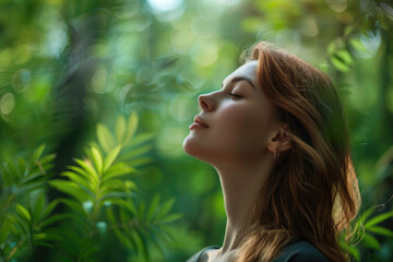 A woman breathes in fresh air with her eyes closed and looks up at the green trees behind her, enjoying nature's tranquility and feeling of well-being