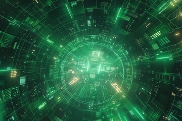 Scifi network defense with a luminous shield, 4K, neon green grid lines, overhead perspective