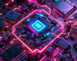 Fototapeta premium Futuristic circuit board with glowing blue and pink neon lights. AI.